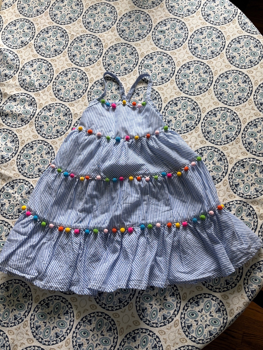 Tommy Bahama Girls 3T Blue and White Striped Pom Pom Sundress